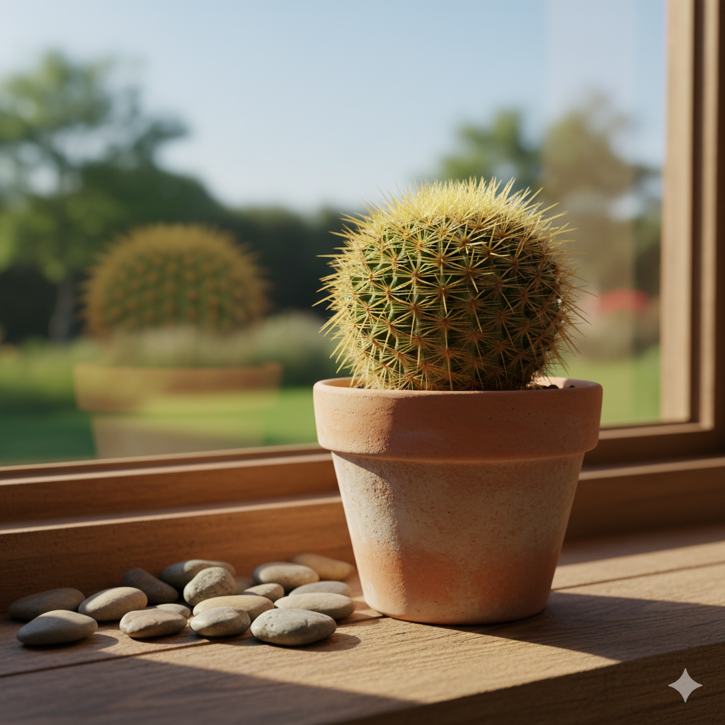 A small Golden Barrel Cactus in a terracotta pot on a bright windowsill, surrounded by pebbles and soft sunlight.