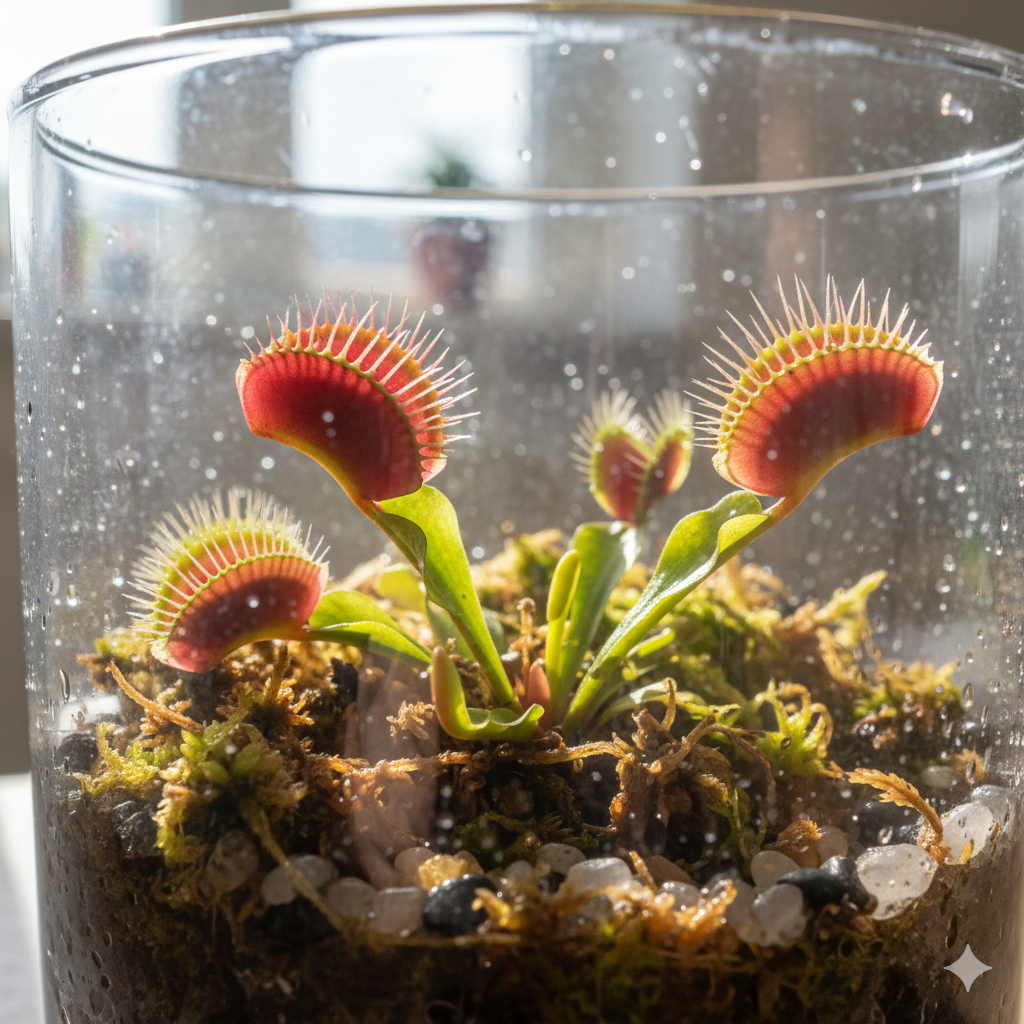 A close-up of a healthy Venus Flytrap in a glass terrarium, its open traps glowing red in the sunlight.