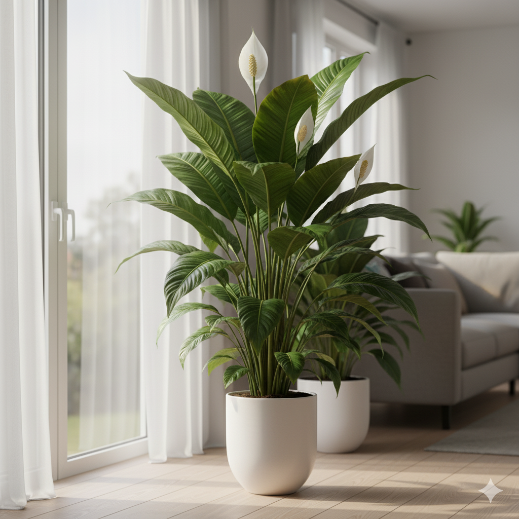 A tall Peace Lily ‘Sensation’ in a white planter near a sunny window, its large leaves reflecting soft natural light.