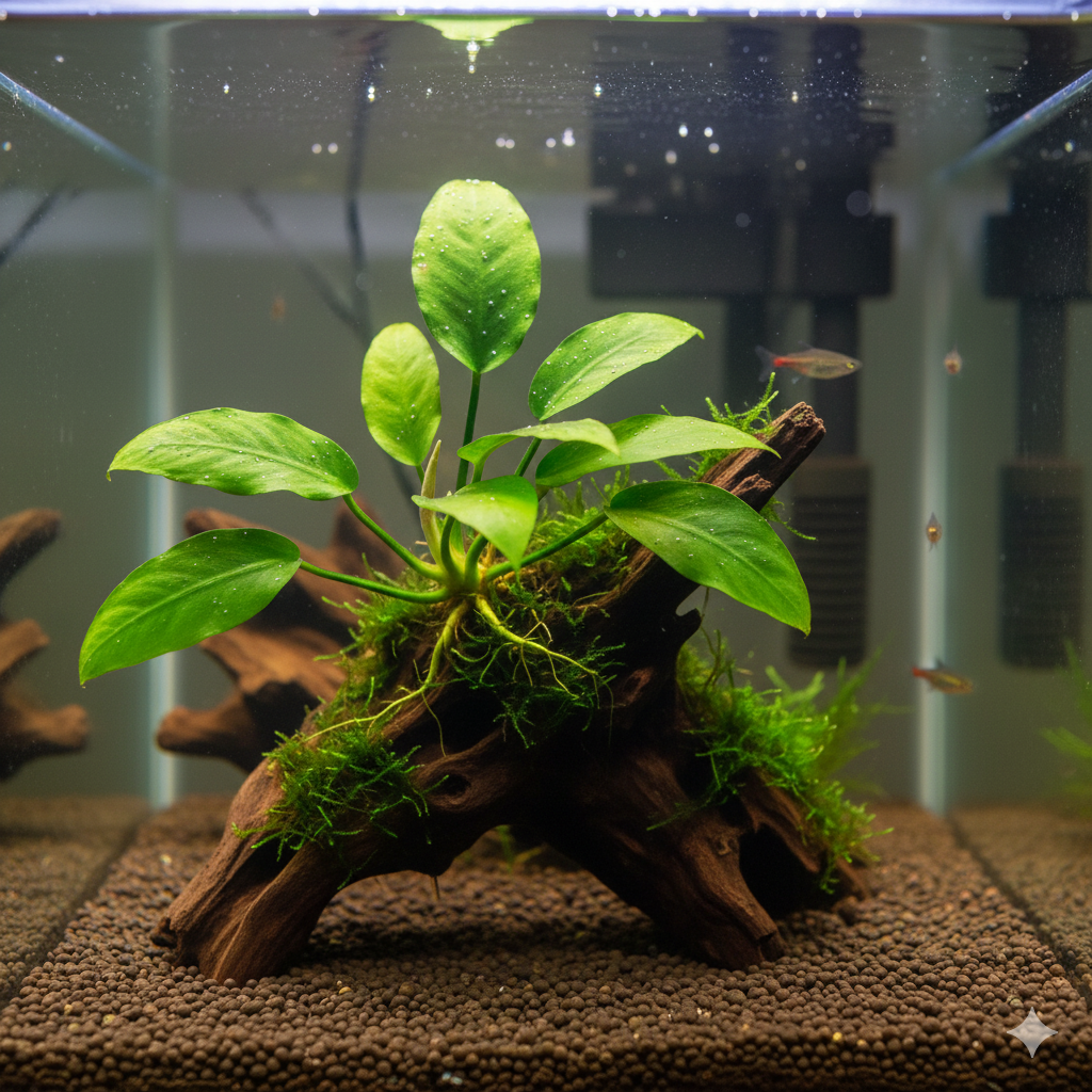 A green Anubias Nana attached to a piece of driftwood inside a small freshwater aquarium.