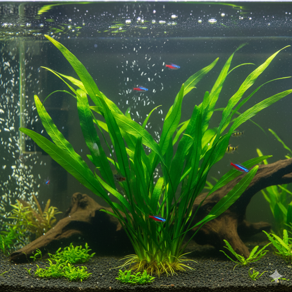 A healthy Amazon Sword in an aquarium, its long green leaves swaying gently in the water with small fish swimming nearby.