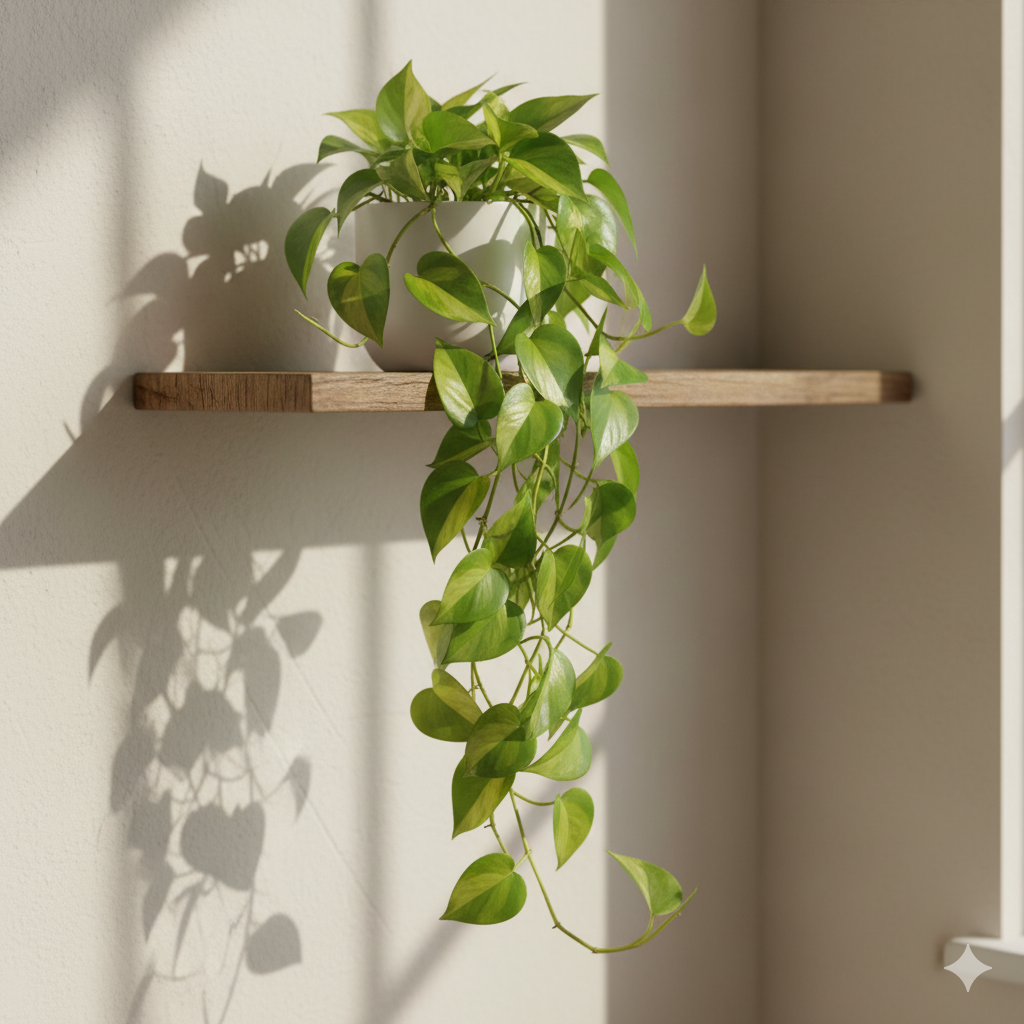 A long Pothos vine with glossy, heart-shaped leaves trailing from a white ceramic pot on a wooden shelf.