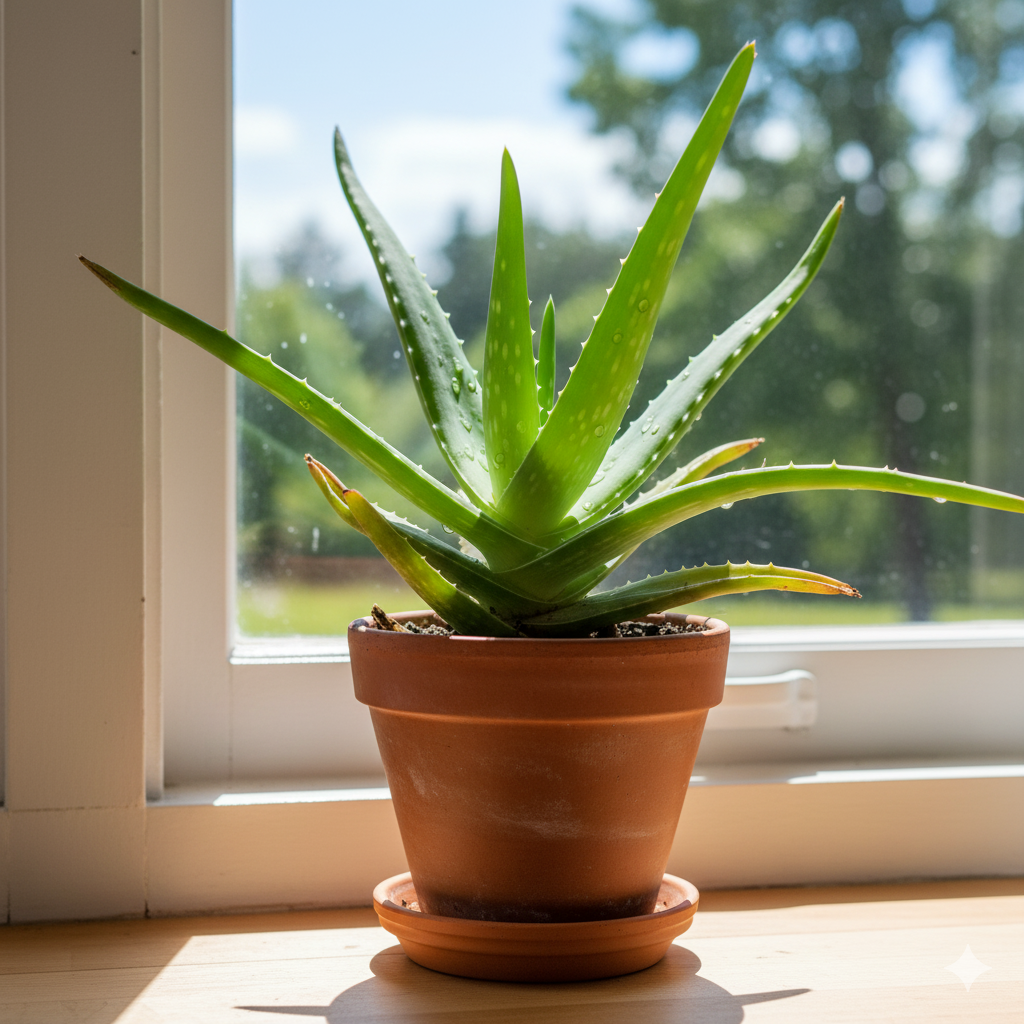 A vibrant Aloe Vera plant in a clay pot sitting on a bright kitchen windowsill.