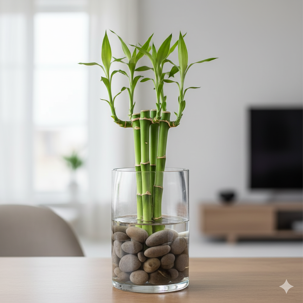 Several Lucky Bamboo stalks arranged in a clear glass vase filled with smooth river stones and water.