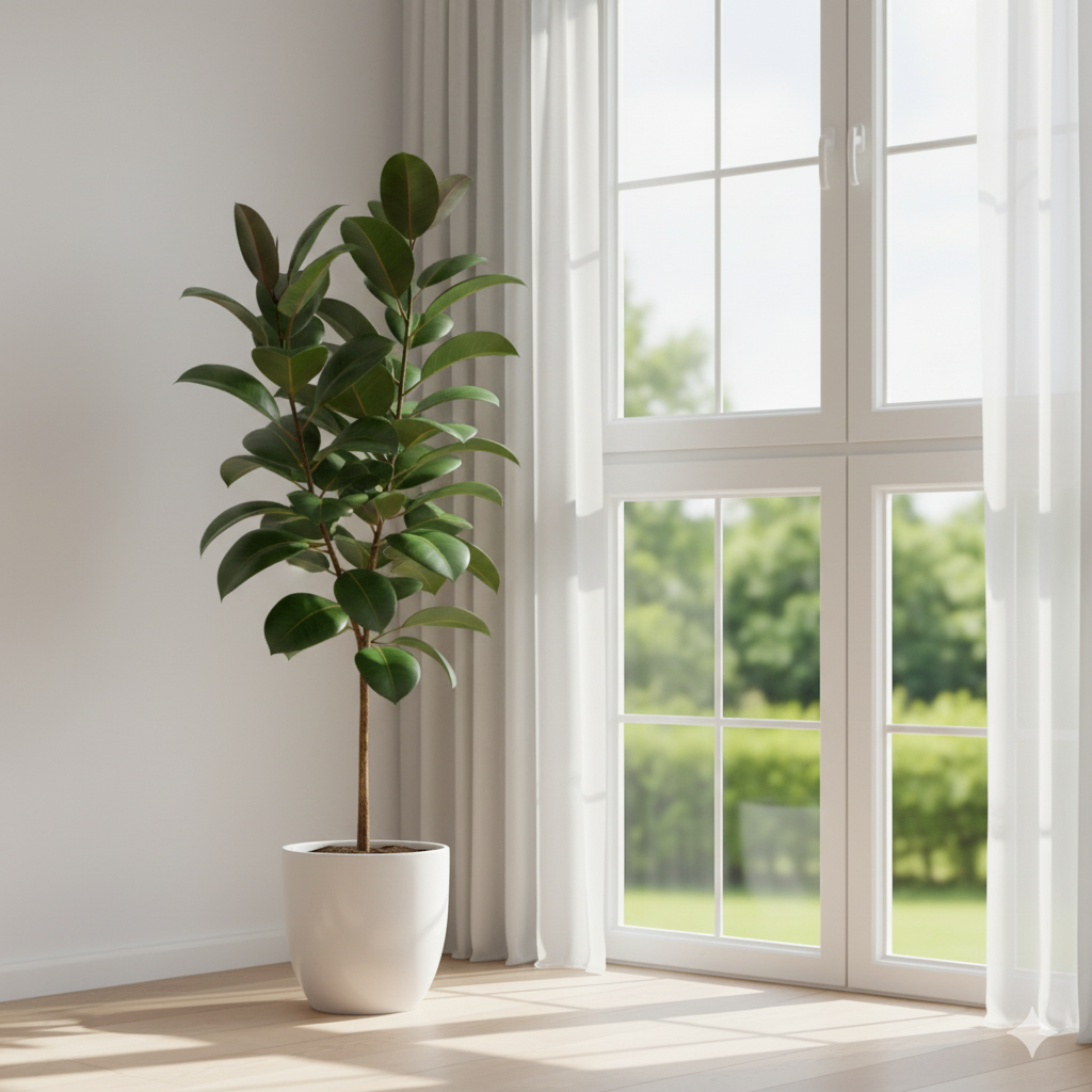 A tall Rubber Plant with glossy green leaves in a white ceramic pot near a bright window.
