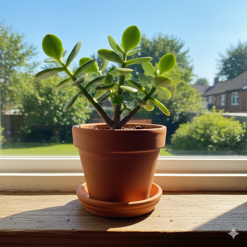 A small Jade Plant in a terracotta pot on a sunny window ledge, its plump leaves glowing under the light