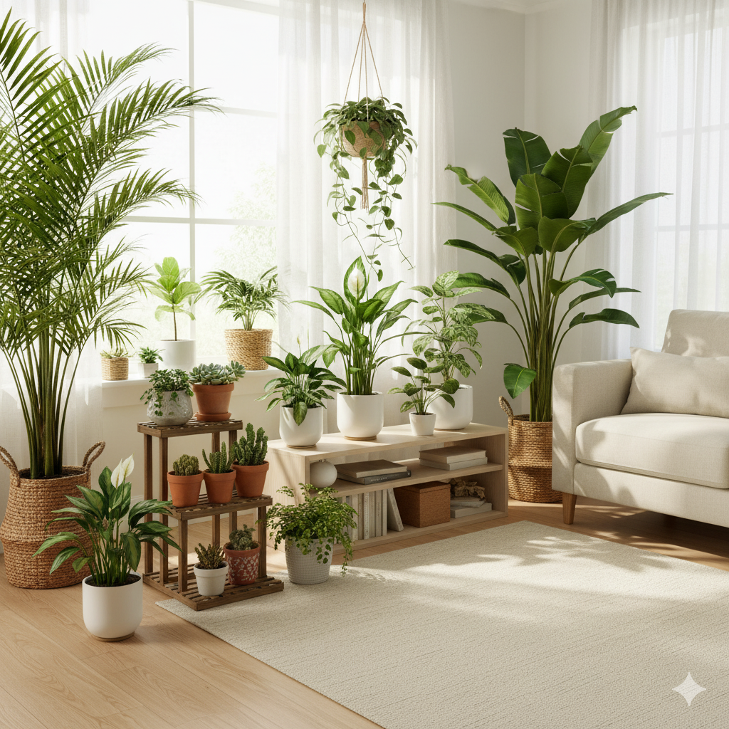 A bright modern living room filled with lush indoor plants — peace lilies, palms, and succulents — arranged on shelves, stands, and windowsills, creating a calm, inviting space.