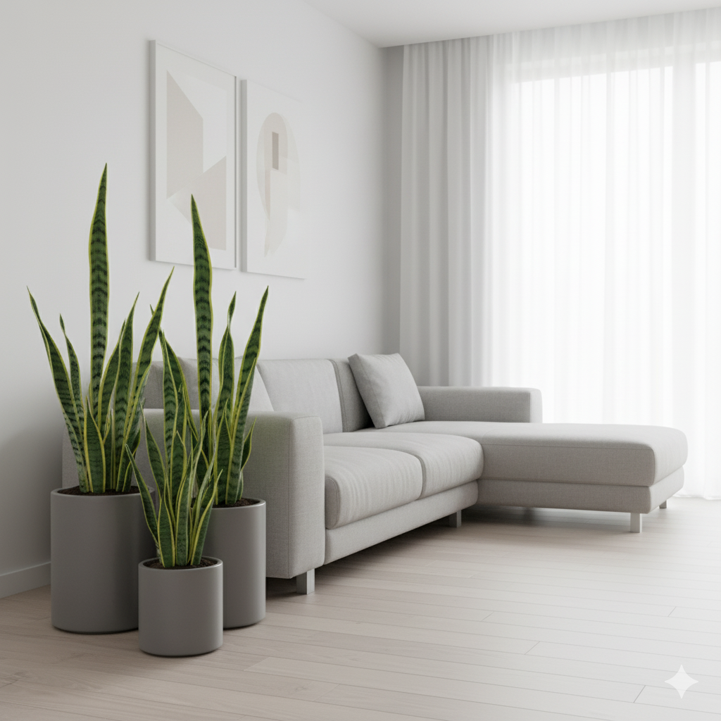 A group of tall Snake Plants in gray ceramic pots standing beside a modern couch, adding greenery to a minimalist living room.