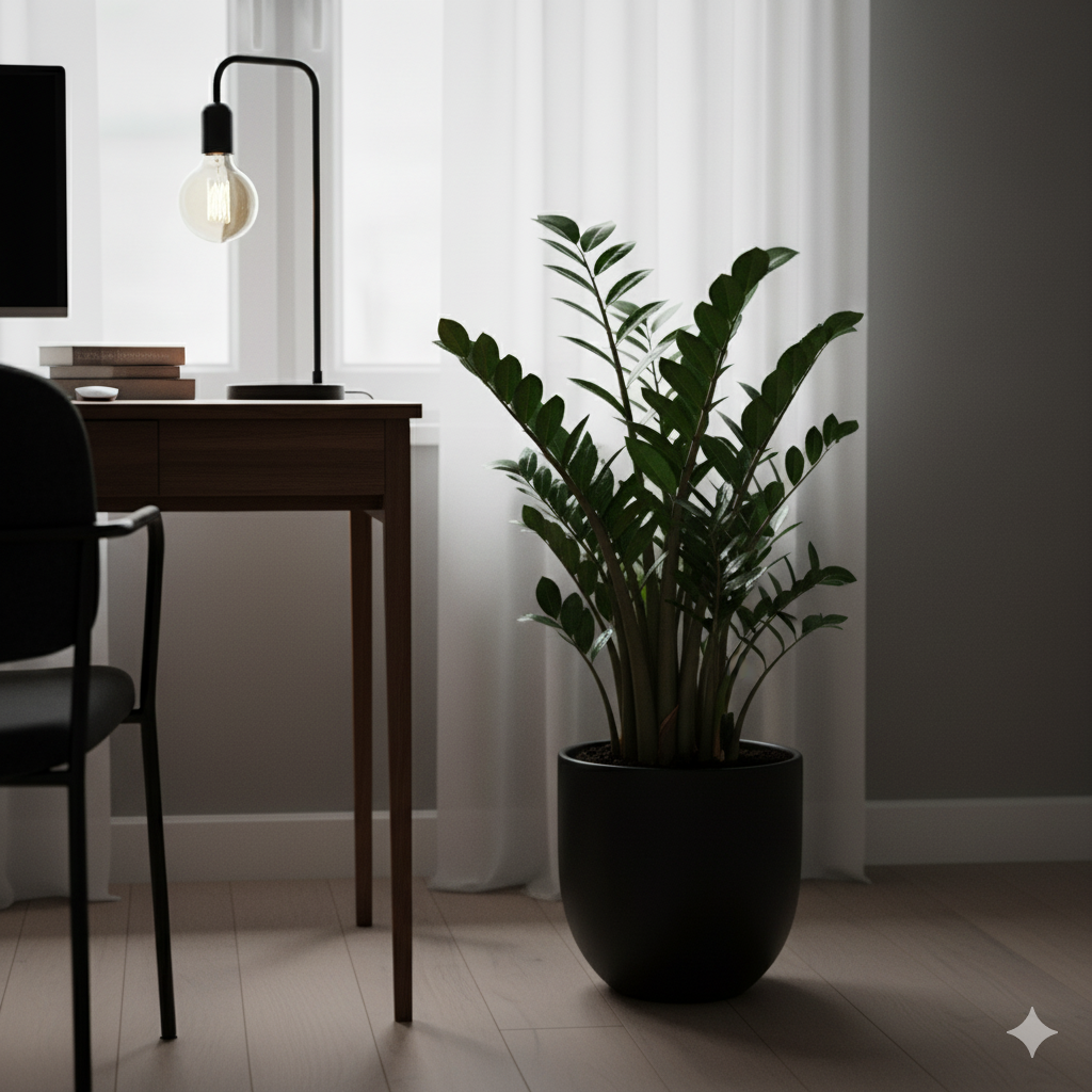 A ZZ Plant in a matte black pot placed in a dimly lit office corner beside a desk lamp, its shiny leaves reflecting soft light from a nearby window.