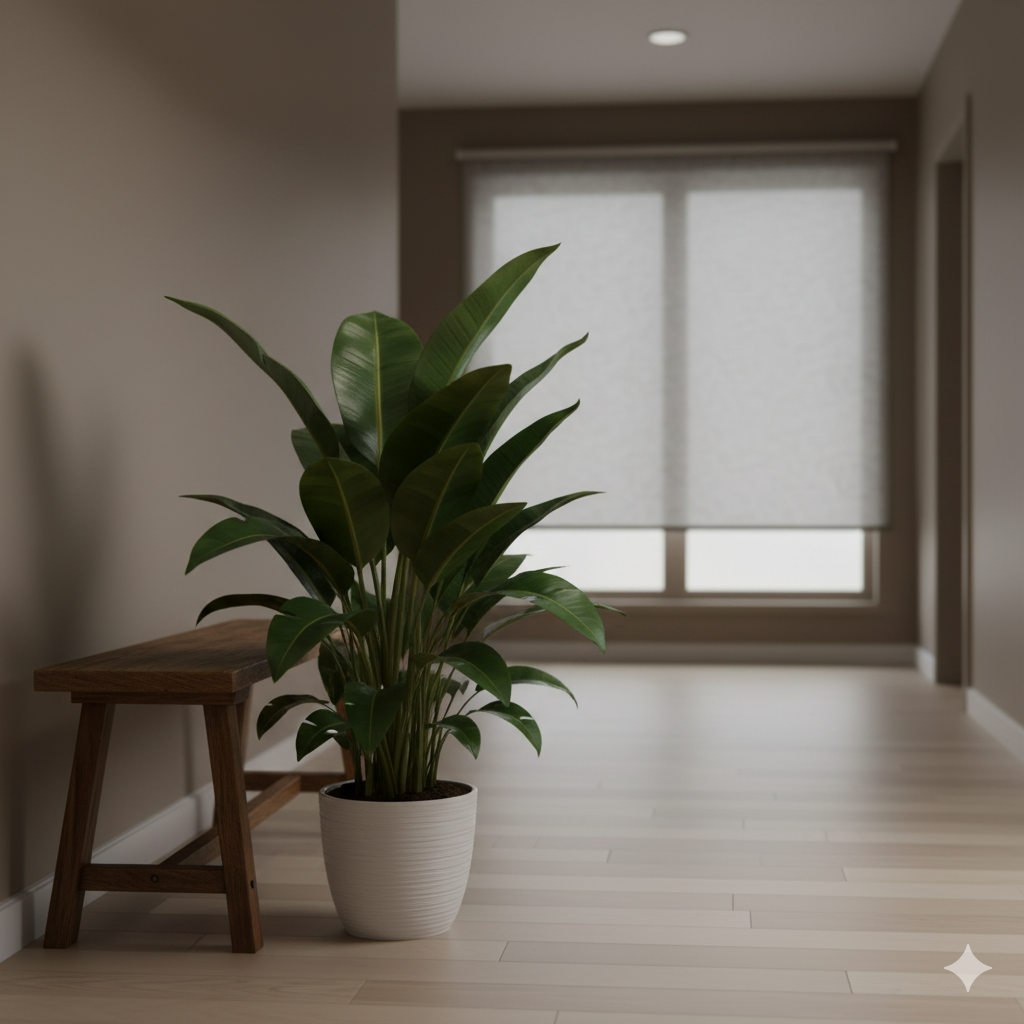 A Cast Iron Plant in a white ceramic pot beside a shaded hallway bench, its deep green leaves glowing softly under ambient indoor lighting.