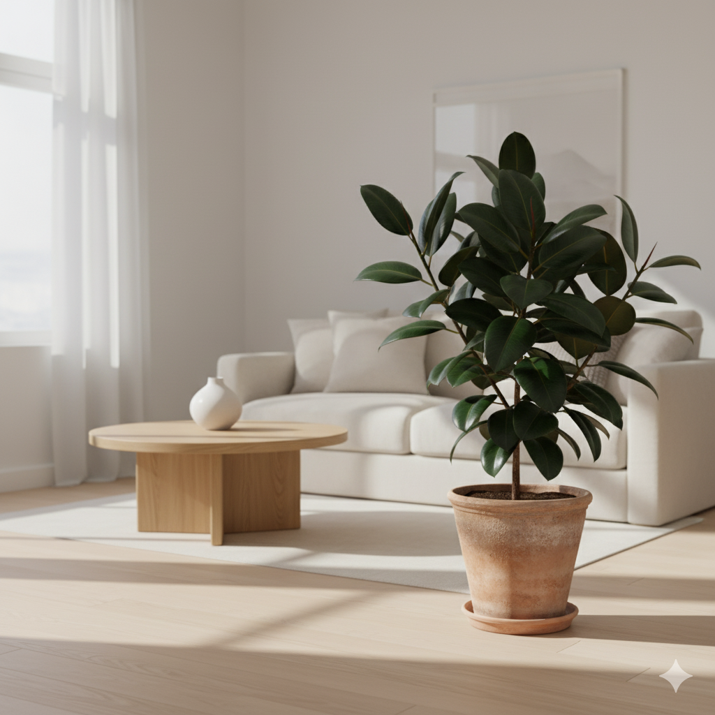 A large Rubber Plant with deep green leaves in a clay pot beside a wooden coffee table, adding contrast to a bright, neutral-toned living room.