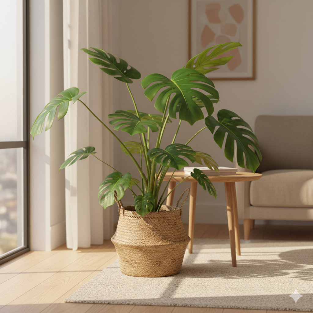 A vibrant Monstera in a woven basket planter near a sunlit living room corner, its large split leaves arching over a natural wood side table and soft rug.