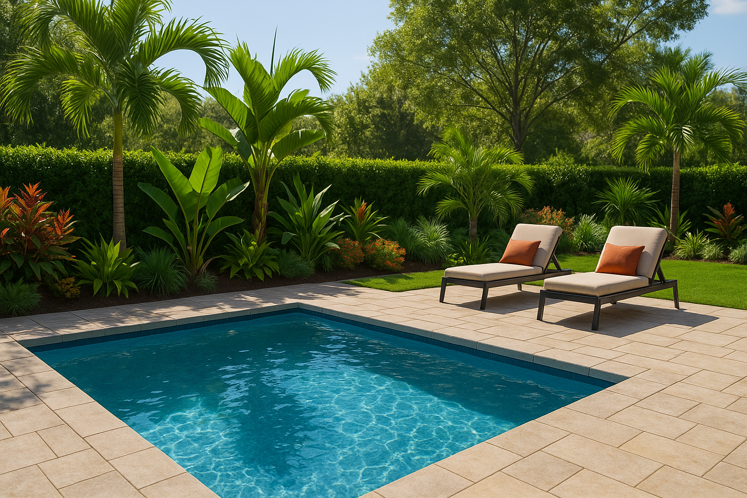 A sunny backyard with a sleek inground pool surrounded by stone pavers, tropical plants, and cozy lounge chairs.