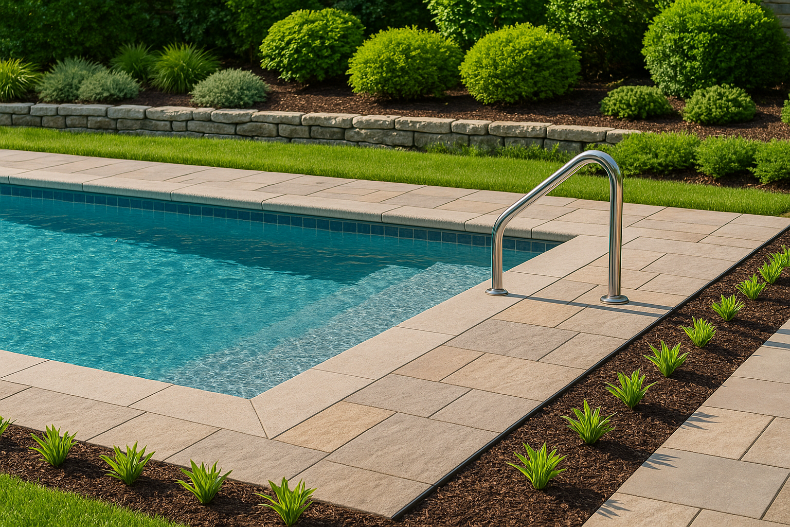 Pool area with stone pavers bordered by small green plants, layered shrubs, and clean edging separating the deck from the garden bed.