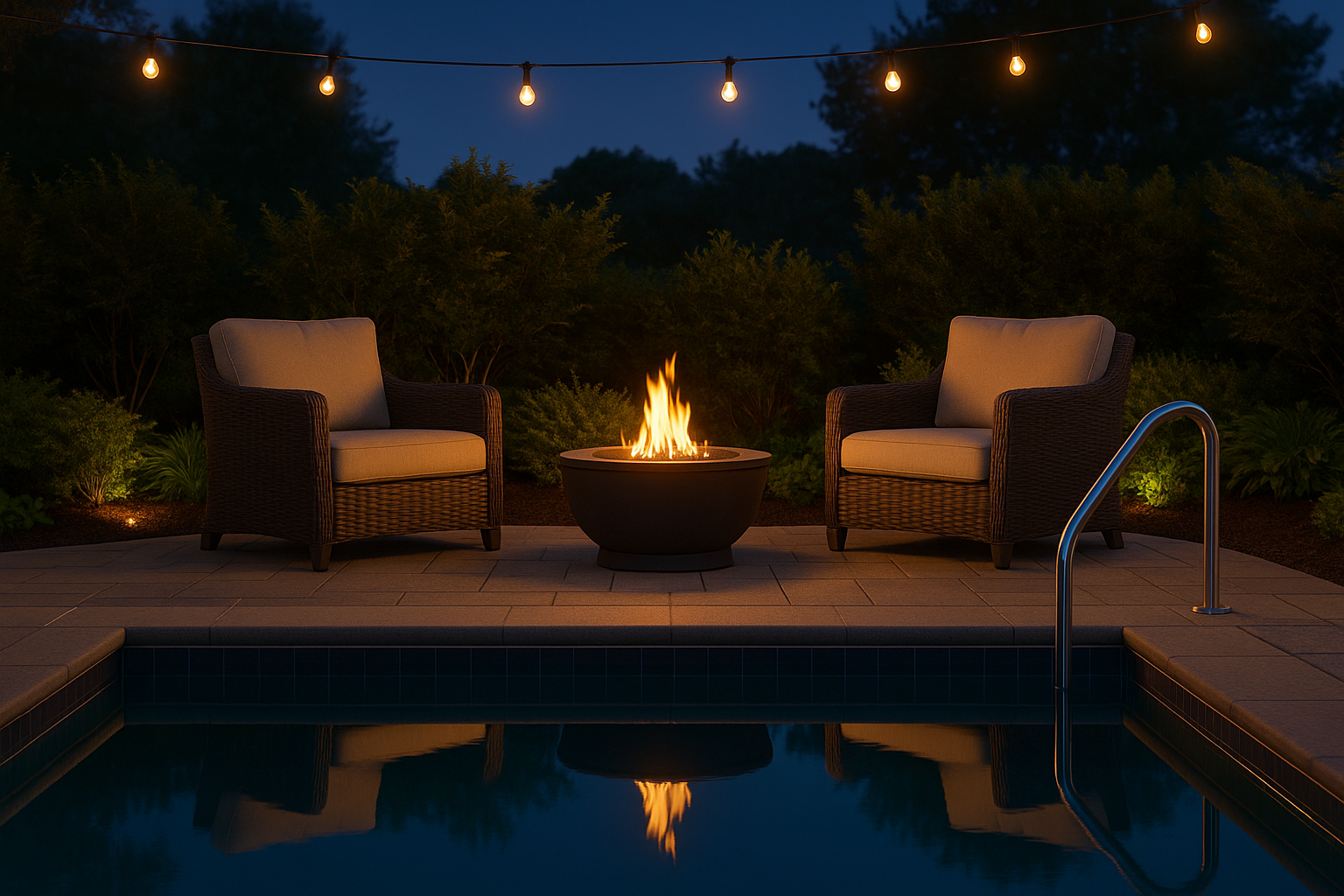 Poolside seating area with wicker chairs, glowing string lights, and a compact firepit reflecting on the pool’s surface under the evening sky.