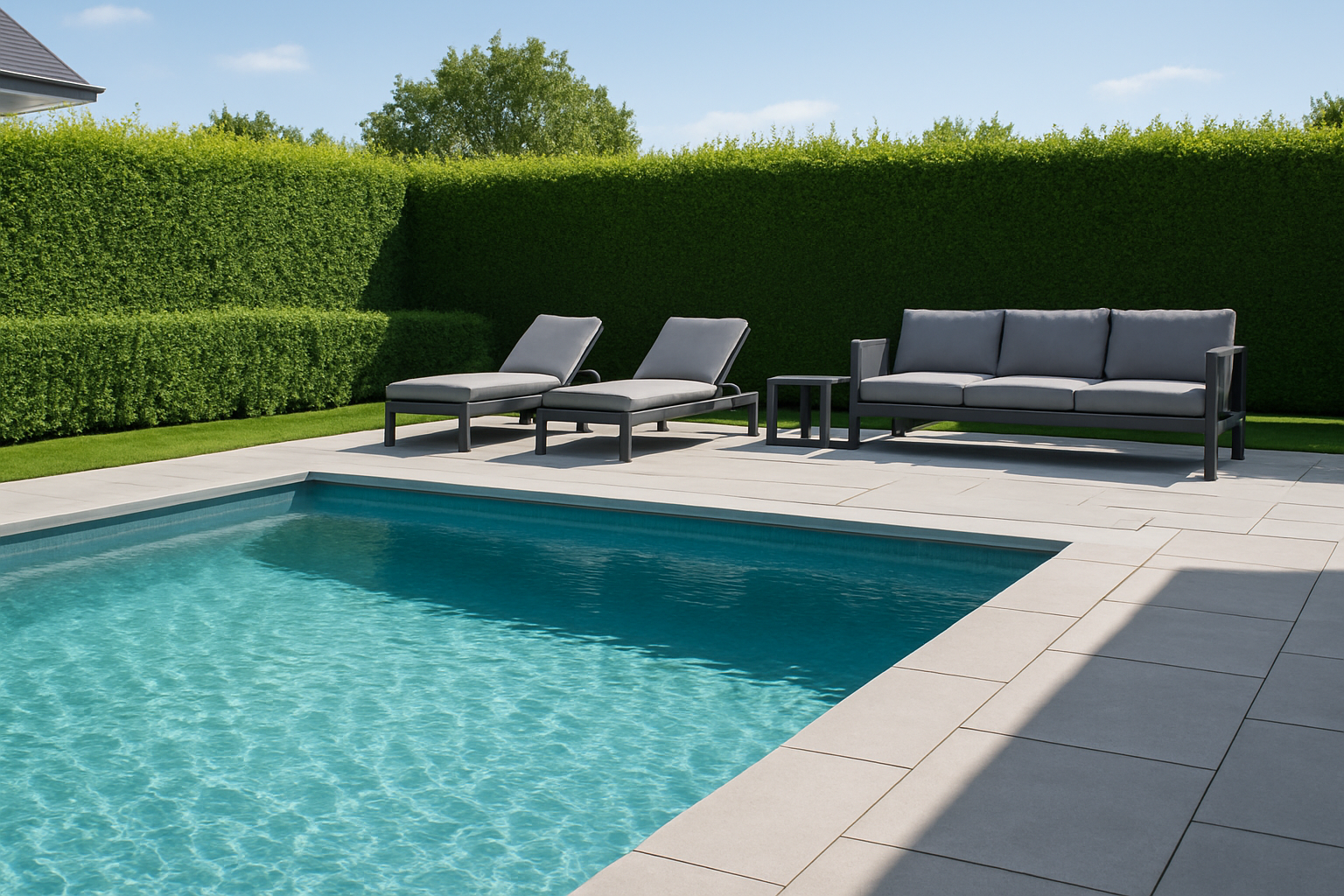 Clean, modern pool surrounded by trimmed hedges, gray pavers, and matching lounge furniture in a sunlit, minimalist setting.