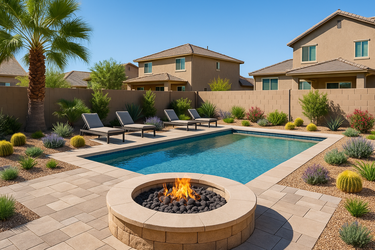 A desert-style pool surrounded by gravel, succulents, and a few tall palms, with light stone pavers forming a clean walking path.