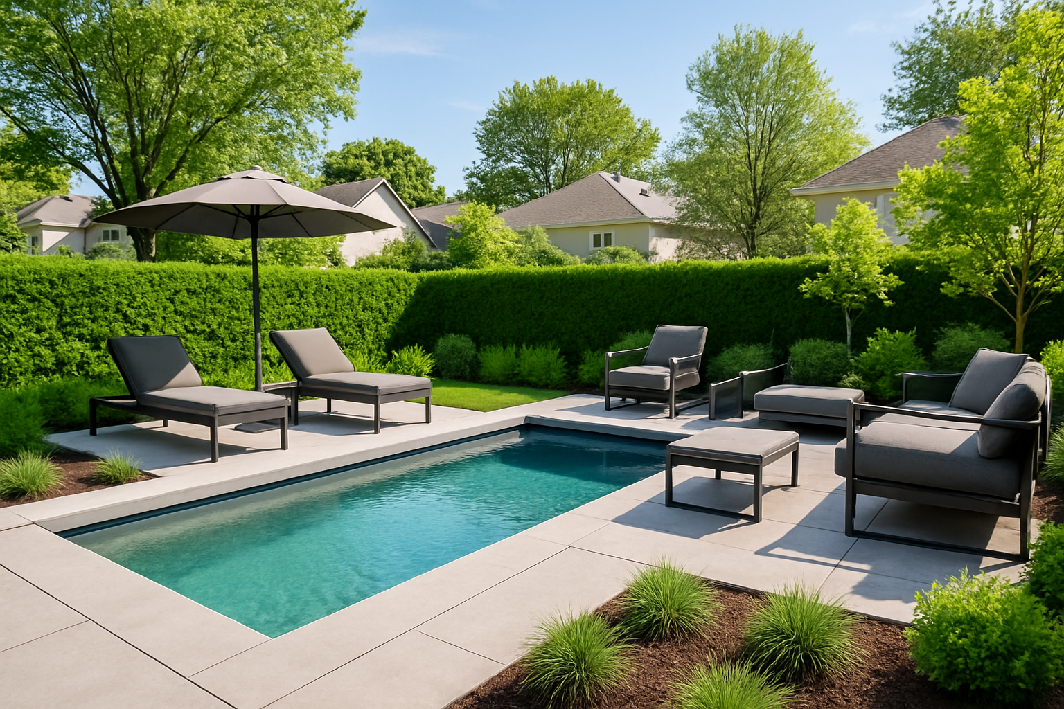 Sleek inground pool bordered by smooth concrete, low hedges, and modern furniture with subtle LED lighting along the water’s edge.