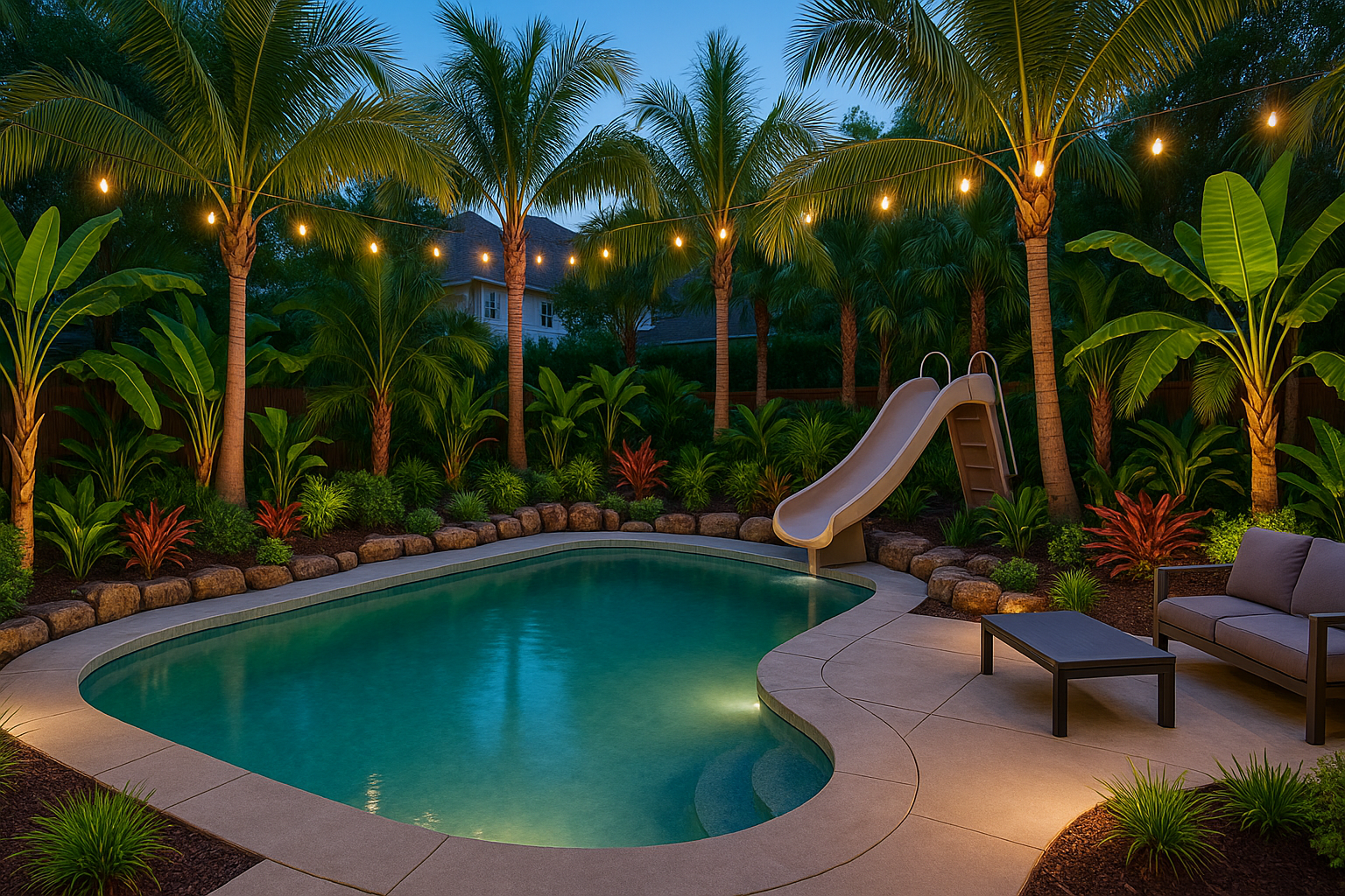A tropical backyard pool with a slide, surrounded by palm trees, banana plants, and rock-lined borders glowing under string lights.