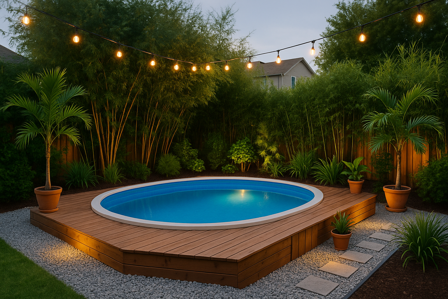 Above-ground pool with a wooden deck, potted palms, and string lights, surrounded by gravel and tall privacy plants for a natural look.