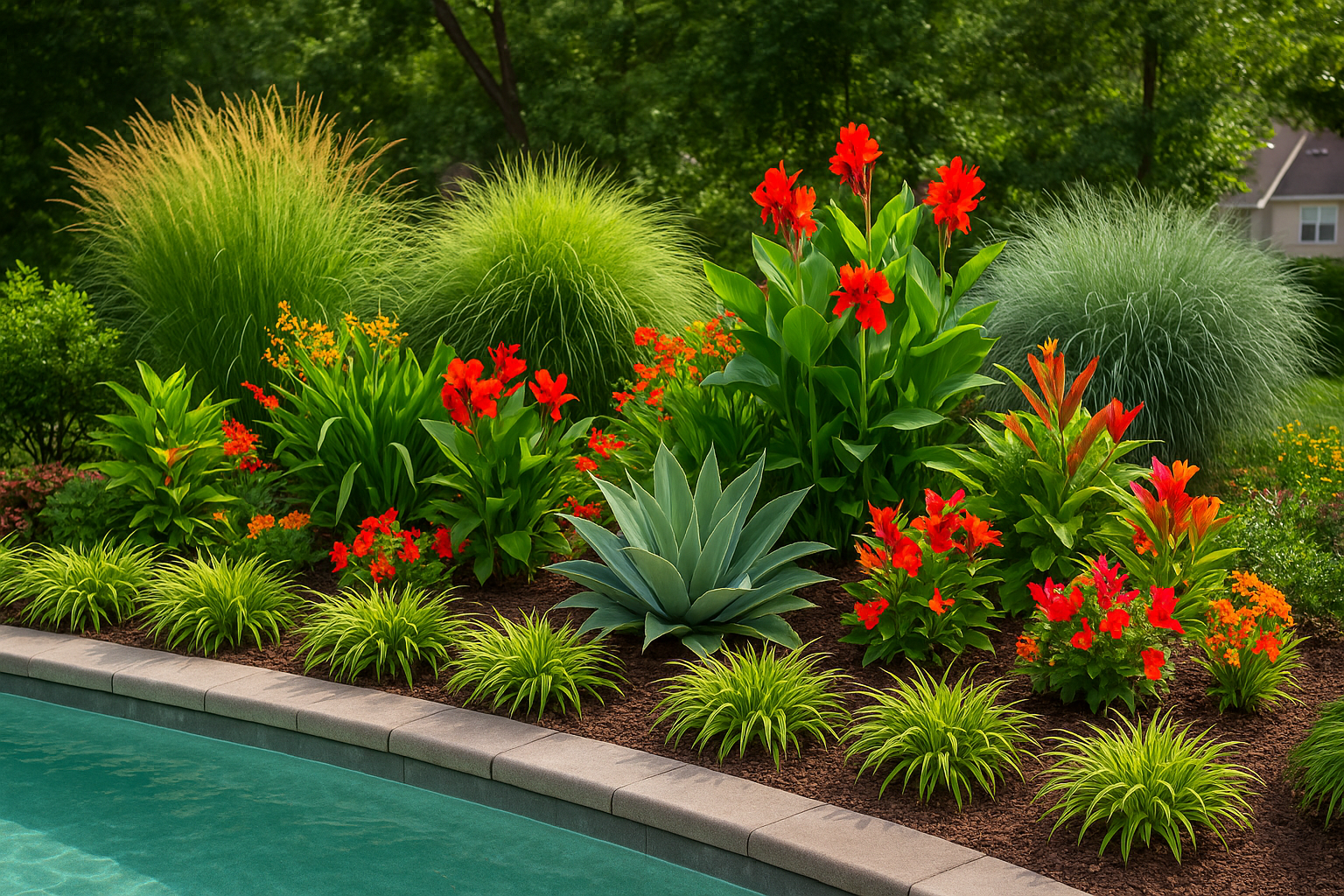 Lush poolside garden featuring layered ornamental grasses, agave, and colorful tropical blooms, neatly bordered by smooth stone edging.