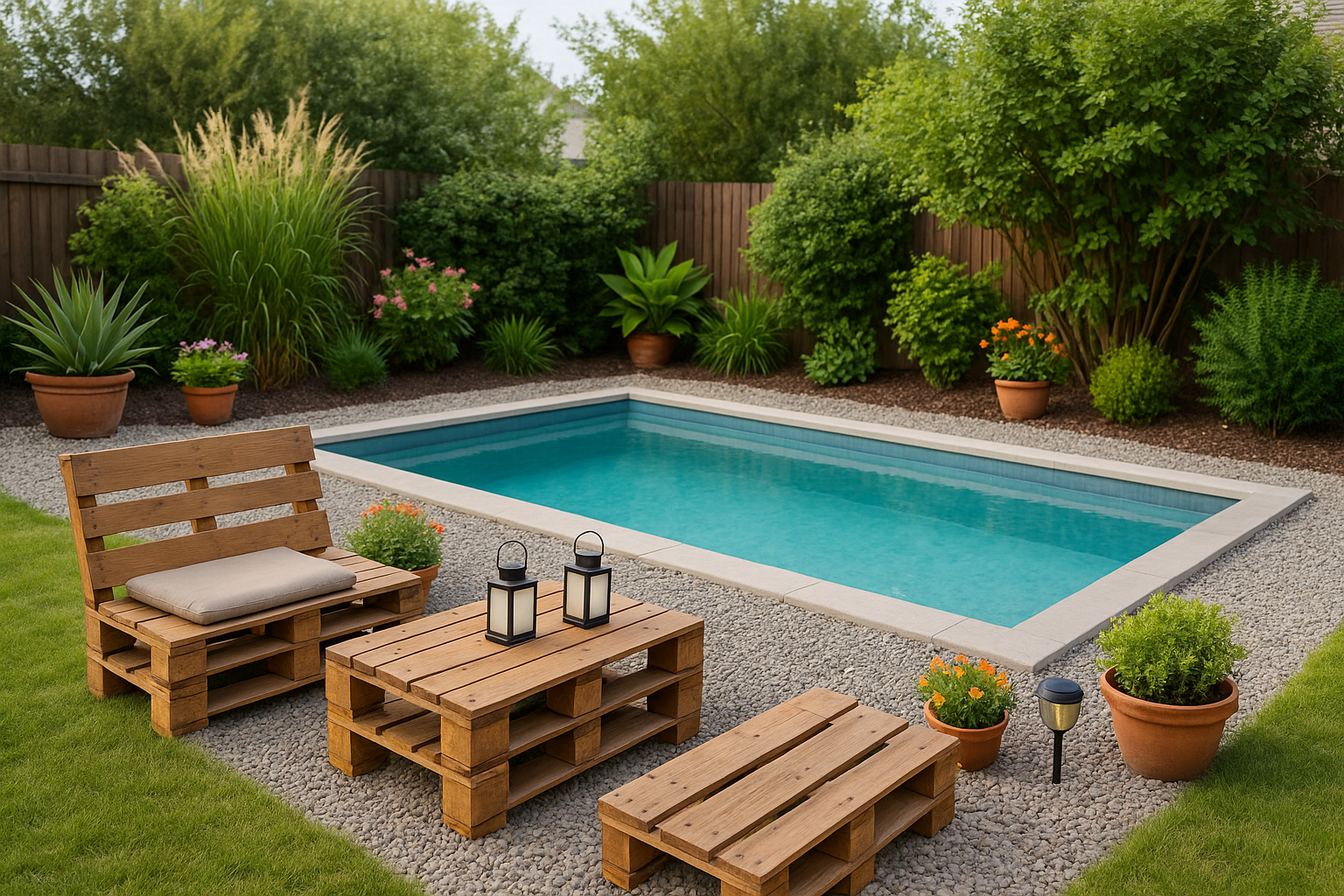 Budget-friendly backyard pool with gravel border, recycled wooden furniture, potted plants, and solar lanterns softly glowing at dusk.