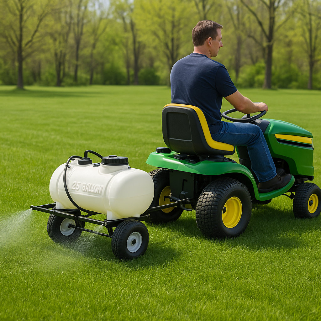 Lawn tractor pulling a 25-gallon sprayer across a wide green yard with visible spray pattern behind it.