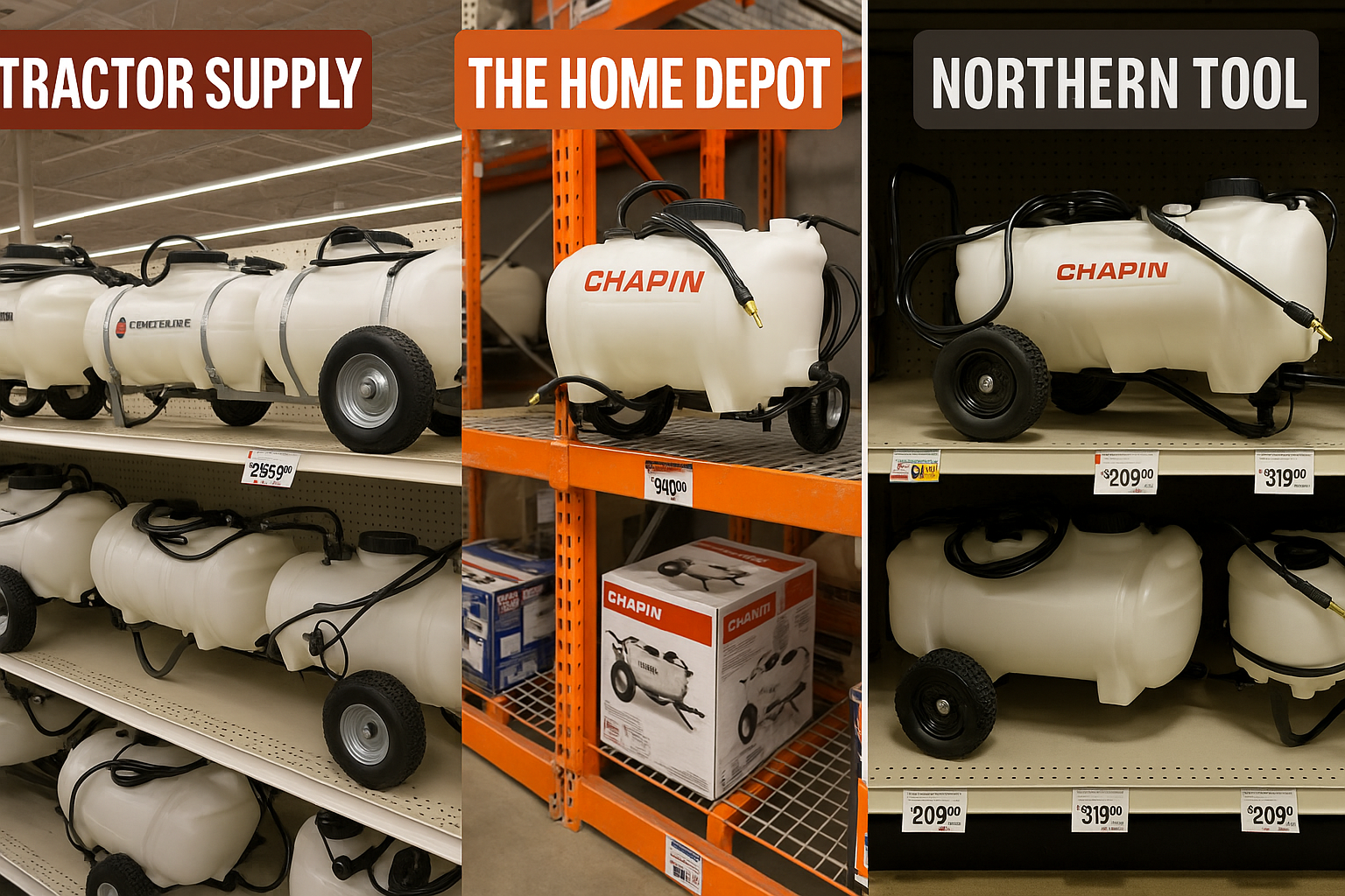 Collage of store aisles showing pull-behind sprayers at Tractor Supply, Home Depot, and Northern Tool, with price tags visible.