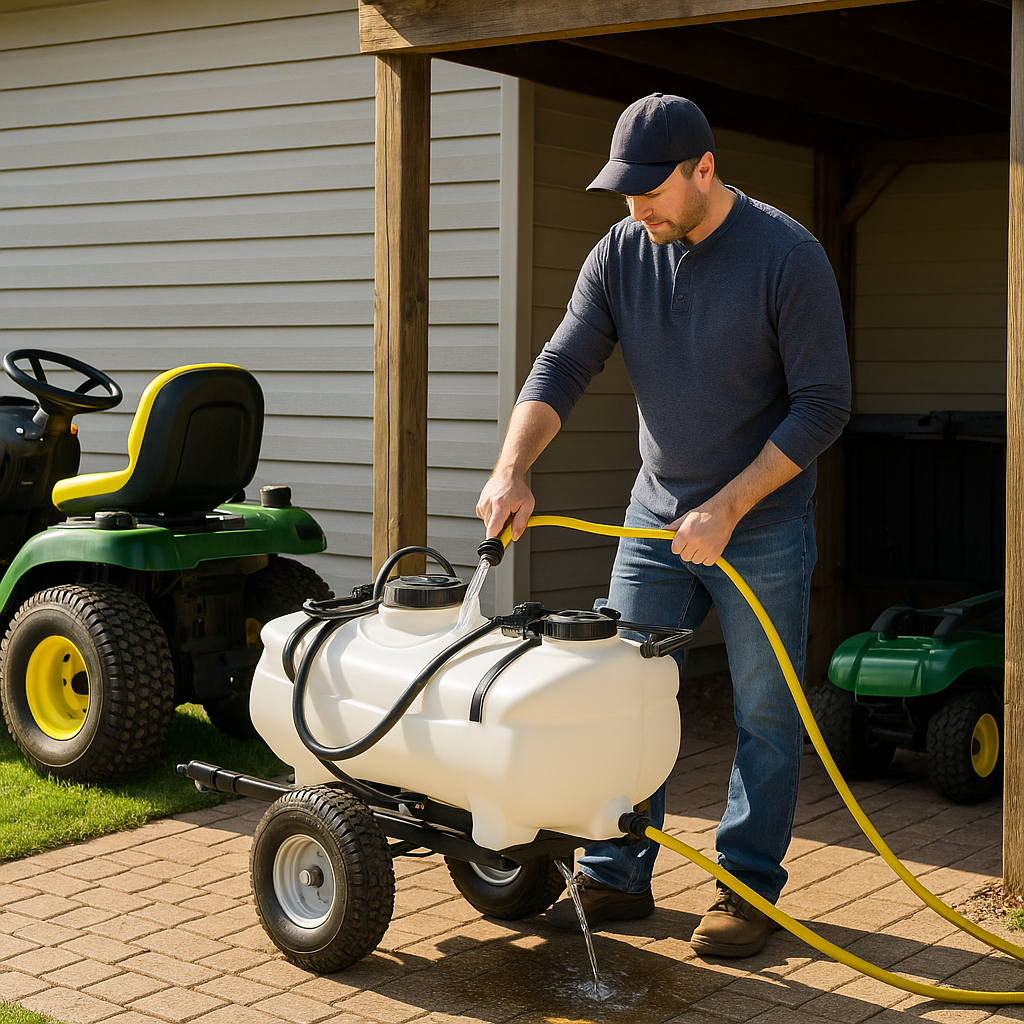Person rinsing a sprayer tank beside a tractor, checking hoses, and storing it under a covered shed.