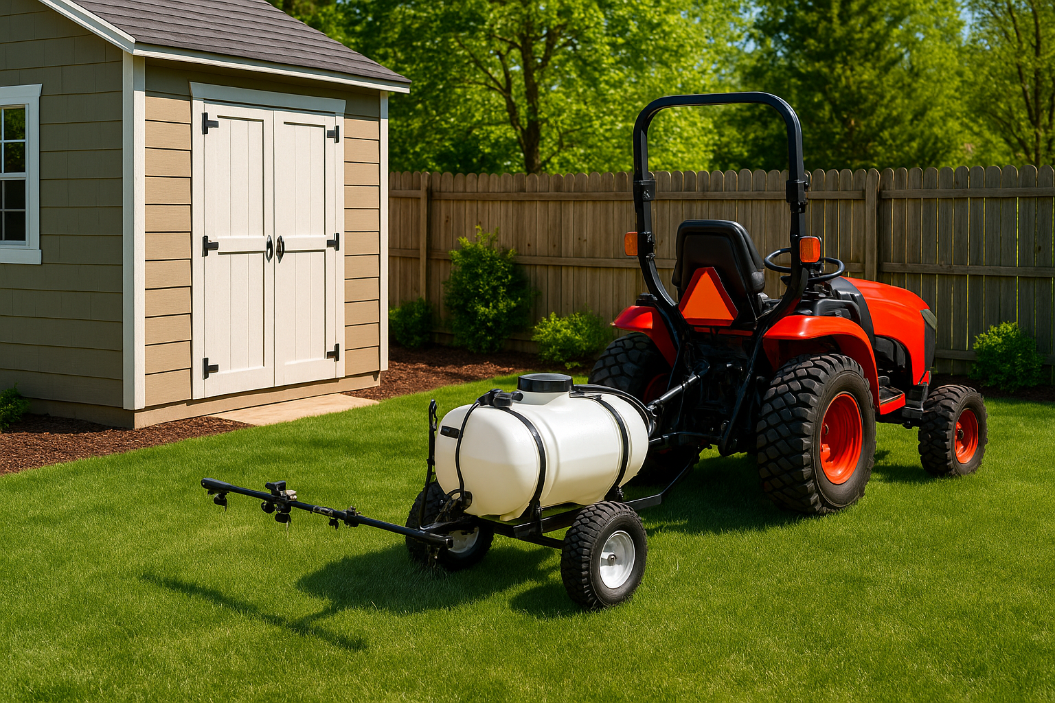 A clean backyard setup showing a tractor and sprayer parked neatly beside a shed, sunlight reflecting off the tank.