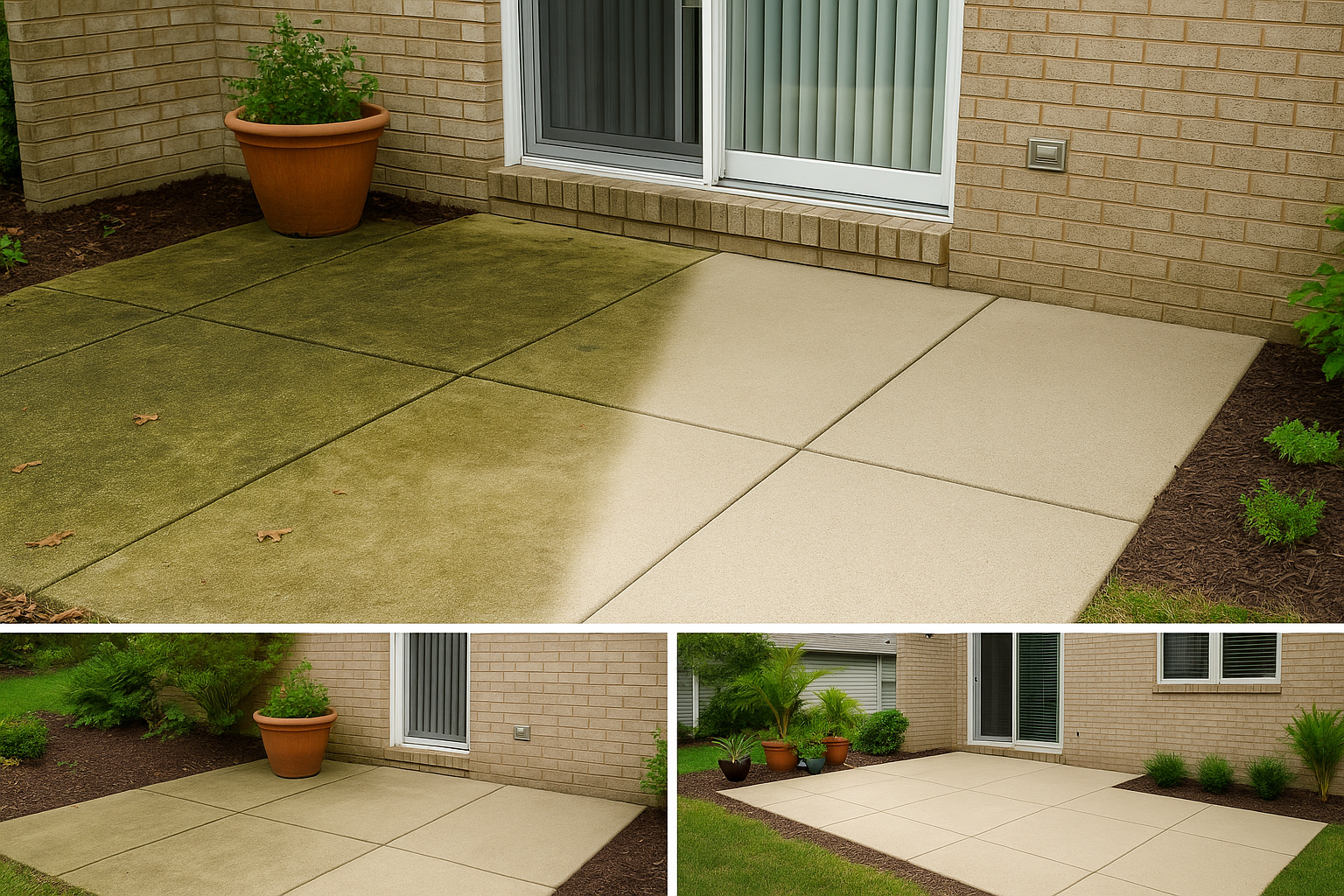 A before-and-after photo of a concrete patio showing one side covered in dirt and algae and the other freshly cleaned, bright, and dry.