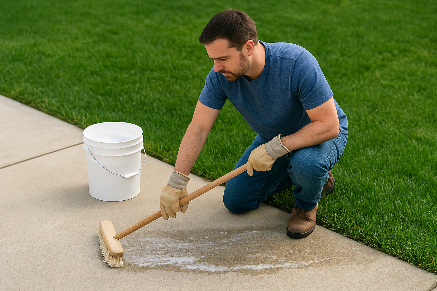 A homeowner scrubbing a concrete patio with a deck brush and bucket beside a green lawn, showing safe, natural cleaning without a pressure washer.