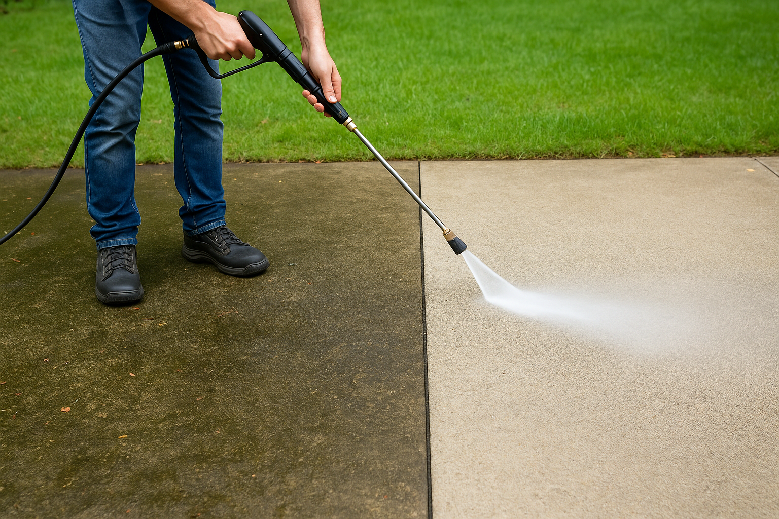 A mid-sized patio being pressure washed, showing half cleaned and half dirty surface, with a visible spray fan removing algae and grime.