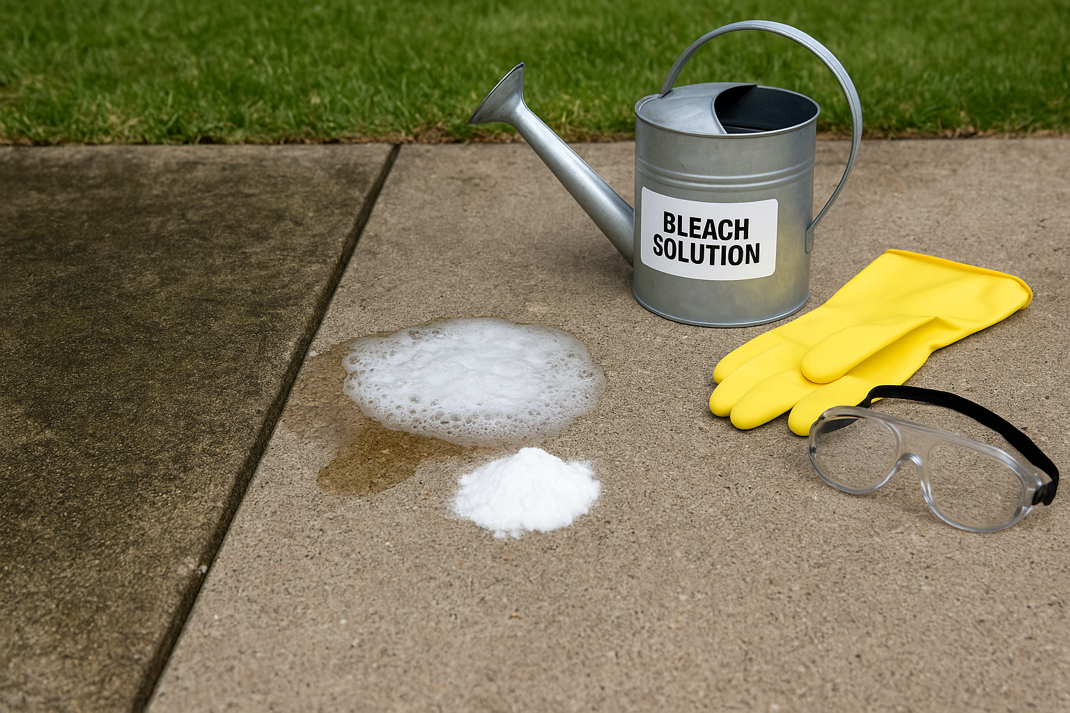 Close-up of baking soda and vinegar bubbling on a stained patio, beside a small watering can labeled “bleach solution” with gloves and safety goggles nearby.