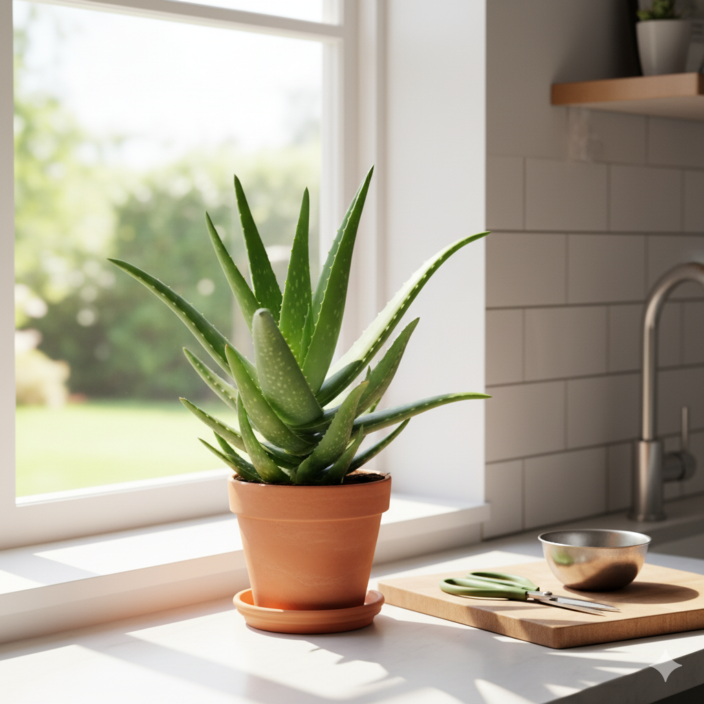 A potted Aloe Vera plant on a sunny kitchen windowsill, with a pair of scissors and a small bowl beside it for cutting and using its gel.