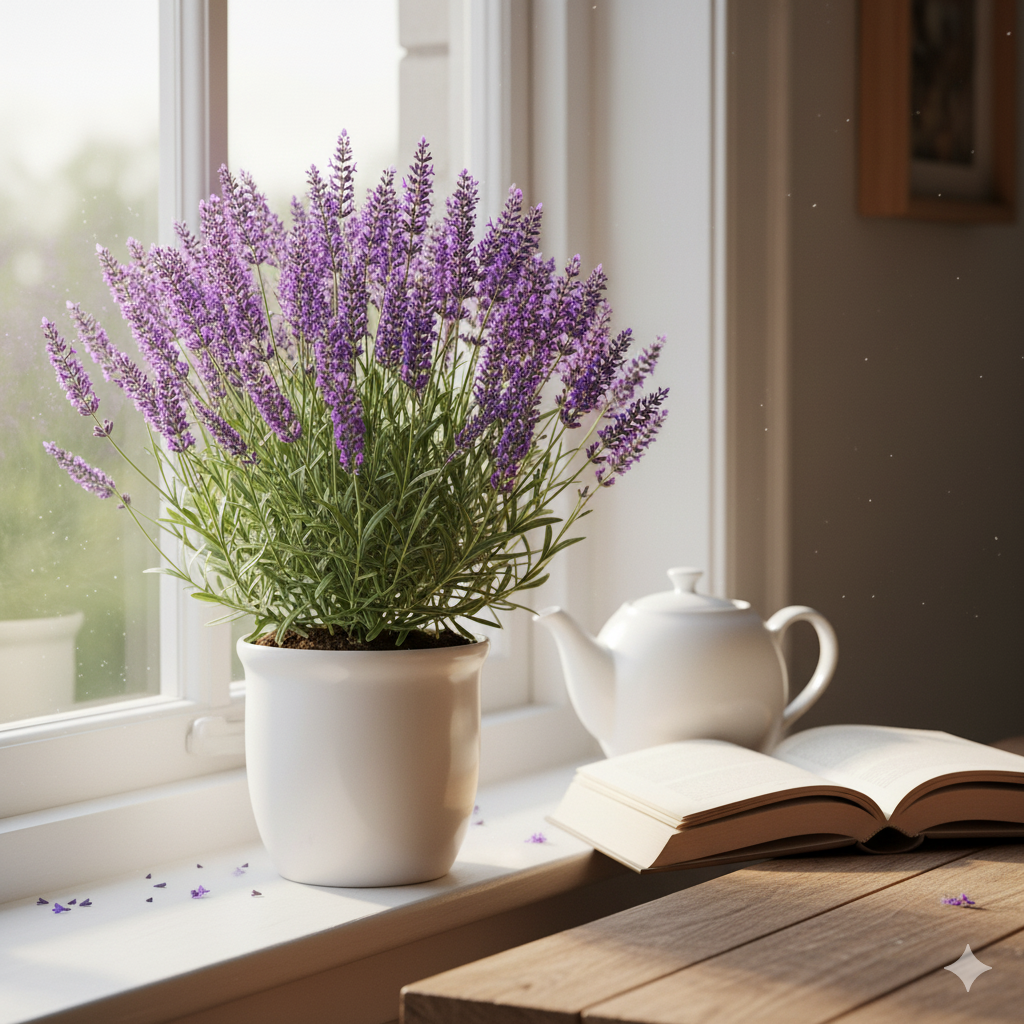 A lavender plant in full bloom on a sunlit windowsill, its purple flowers glowing in soft afternoon light beside a white ceramic teapot and open book.
