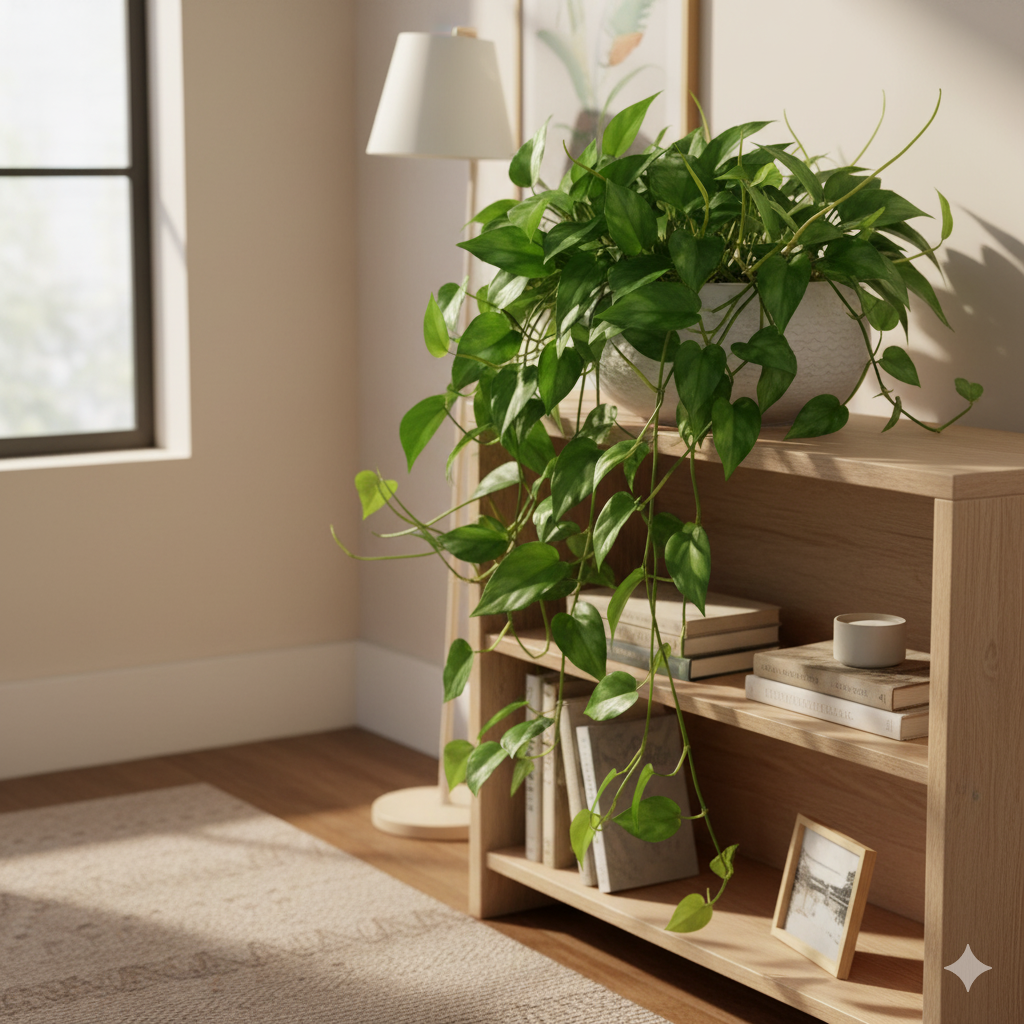 A cascading Heartleaf Philodendron in a ceramic white pot, trailing down a bookshelf in a softly lit home office, adding warmth and natural texture to the space.