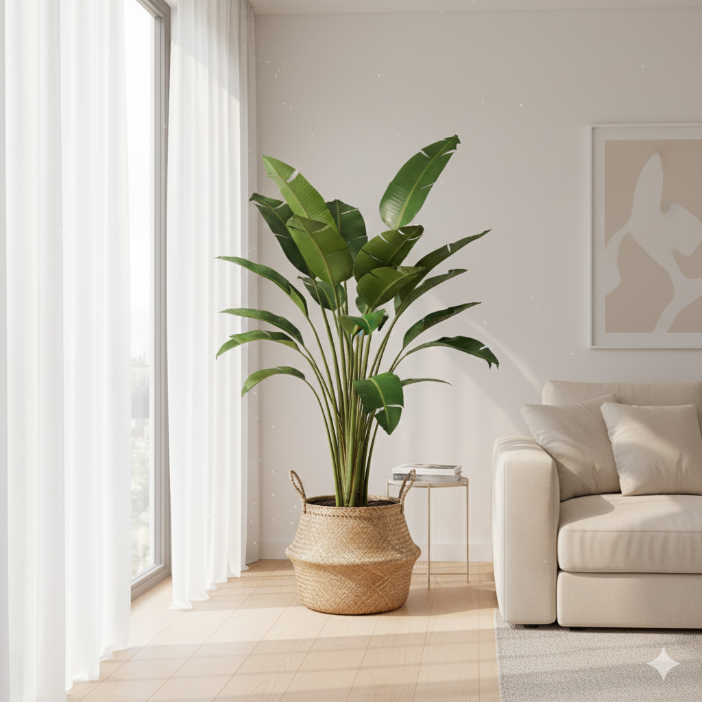 A tall Bird of Paradise plant in a woven rattan pot near a sunlit window, its lush green leaves reaching upward beside a modern cream-colored sofa.