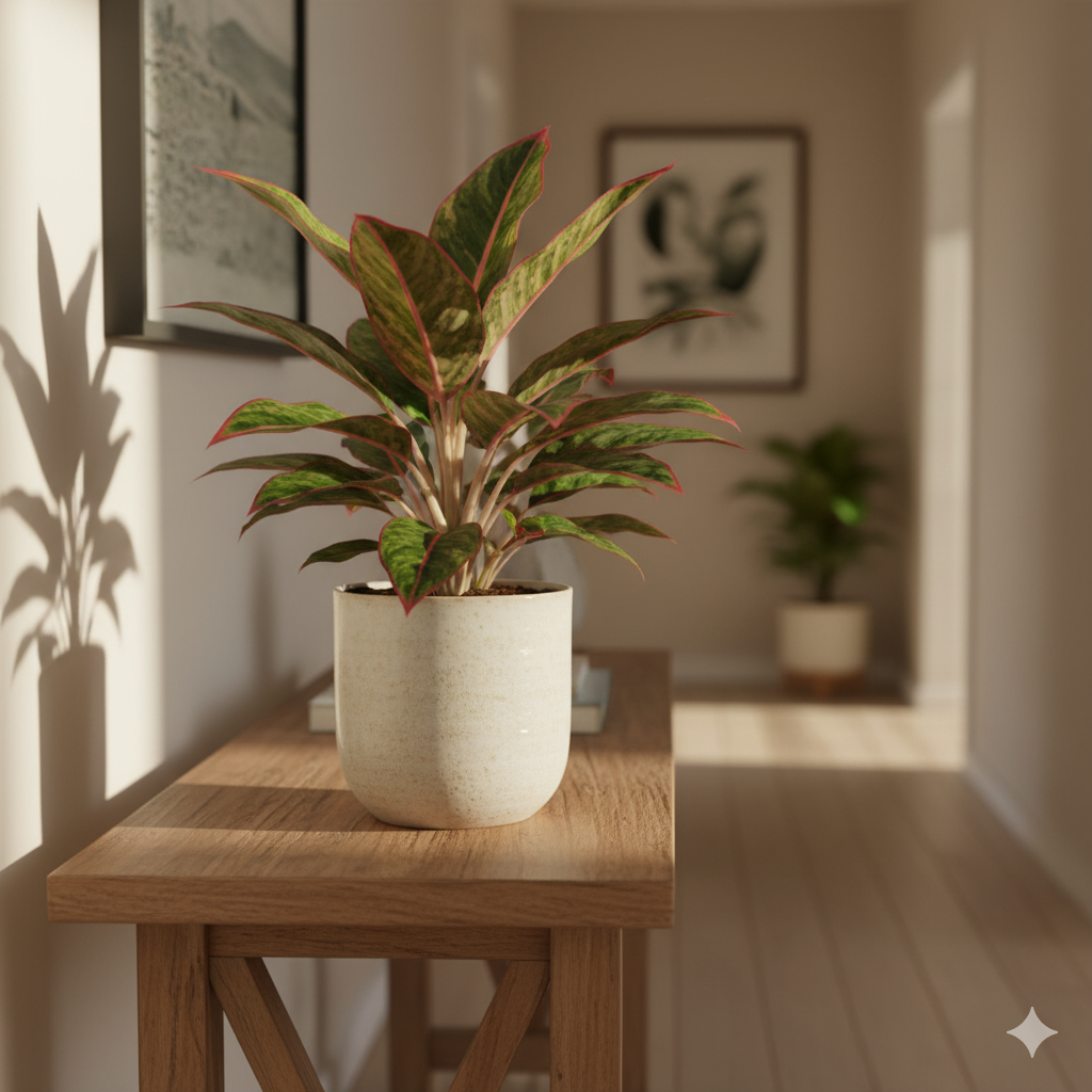 A variegated Chinese Evergreen with red-tipped leaves in a ceramic pot on a wooden console table, brightening a softly lit hallway with warm tones and natural light.