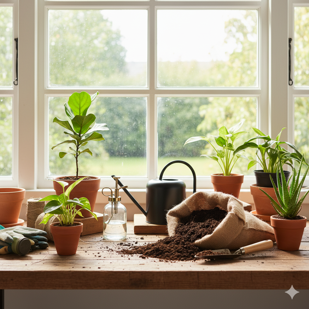 A wooden table with plant care essentials — watering can, spray bottle, potting mix, and small potted plants under a bright window, ready for routine maintenance.