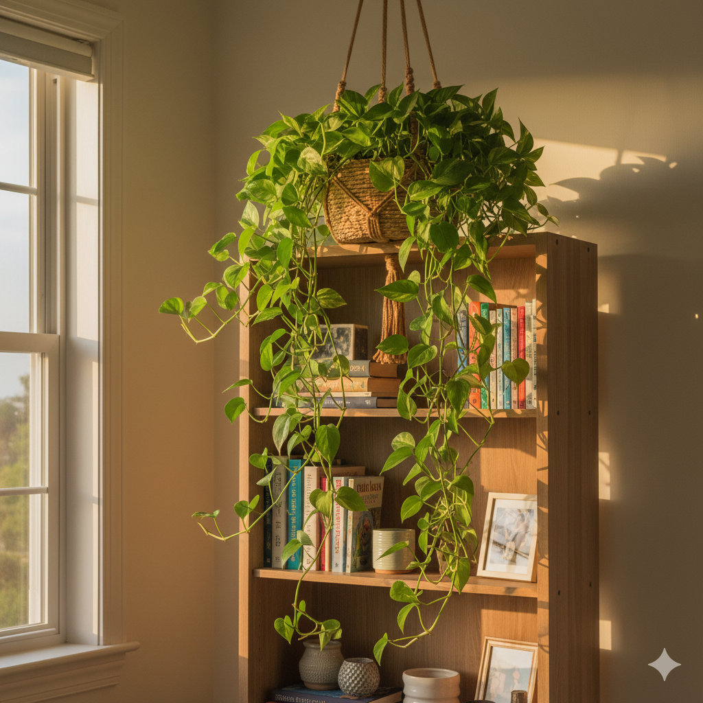 A hanging basket filled with trailing Pothos vines cascading over a bookshelf in a softly lit living room with light streaming from the side.