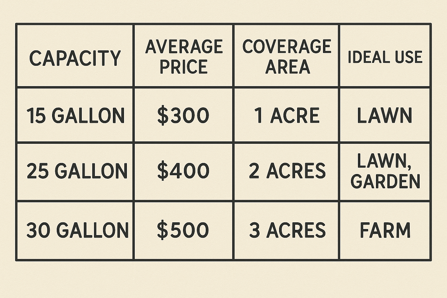 Table comparing 15-, 25-, and 30-gallon pull-behind sprayers, showing average price, coverage area, and ideal use.